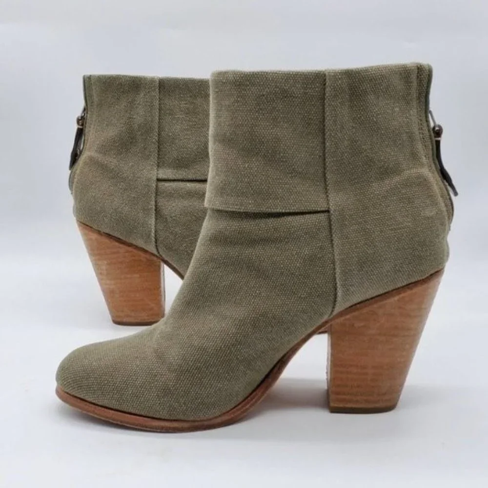 Rag & Bone Newbury Green Canvas Stacked Block Heel Ankle Boots - Picture 6 of 7